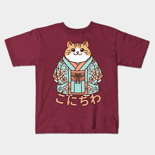 Japanese cat konichiwa Kids T-Shirt by Japanese Fever